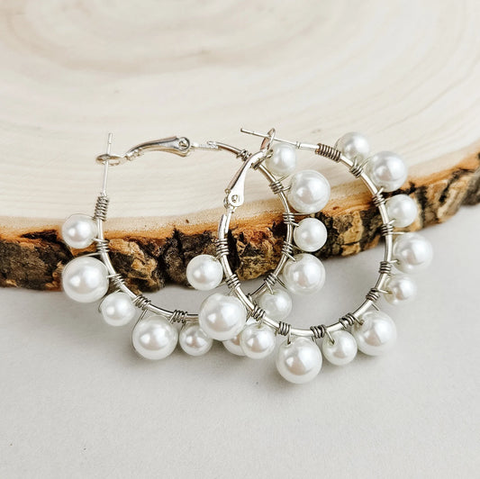 Elegant White Pearl Hoop Earrings Silver Beaded Statement Jewelry