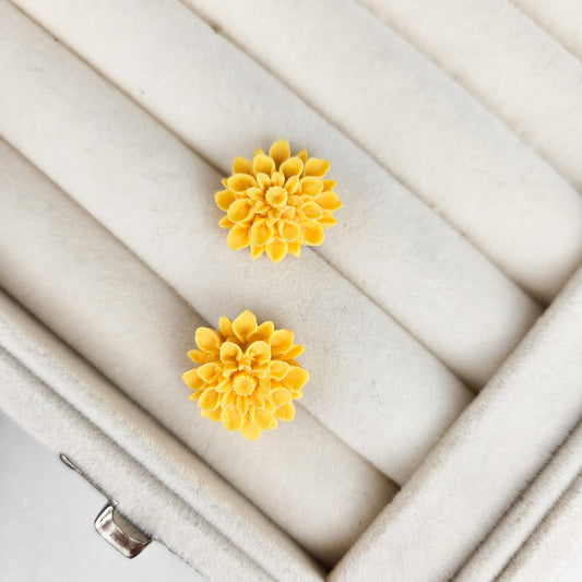 Golden Yellow Floral Stud Flower Mum Cabochon Earrings