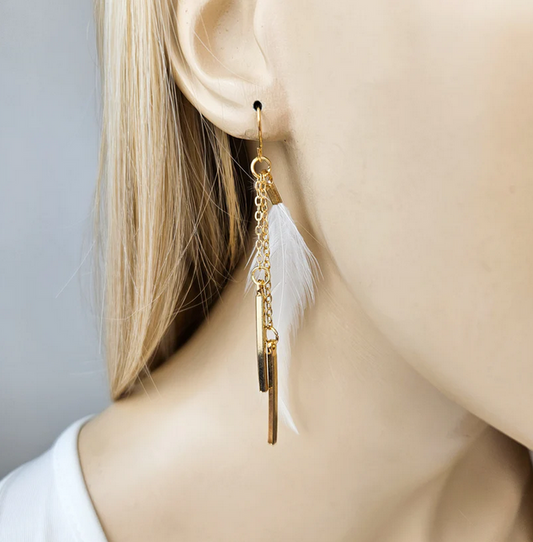 Gold Bar White Feather Dangle Earrings