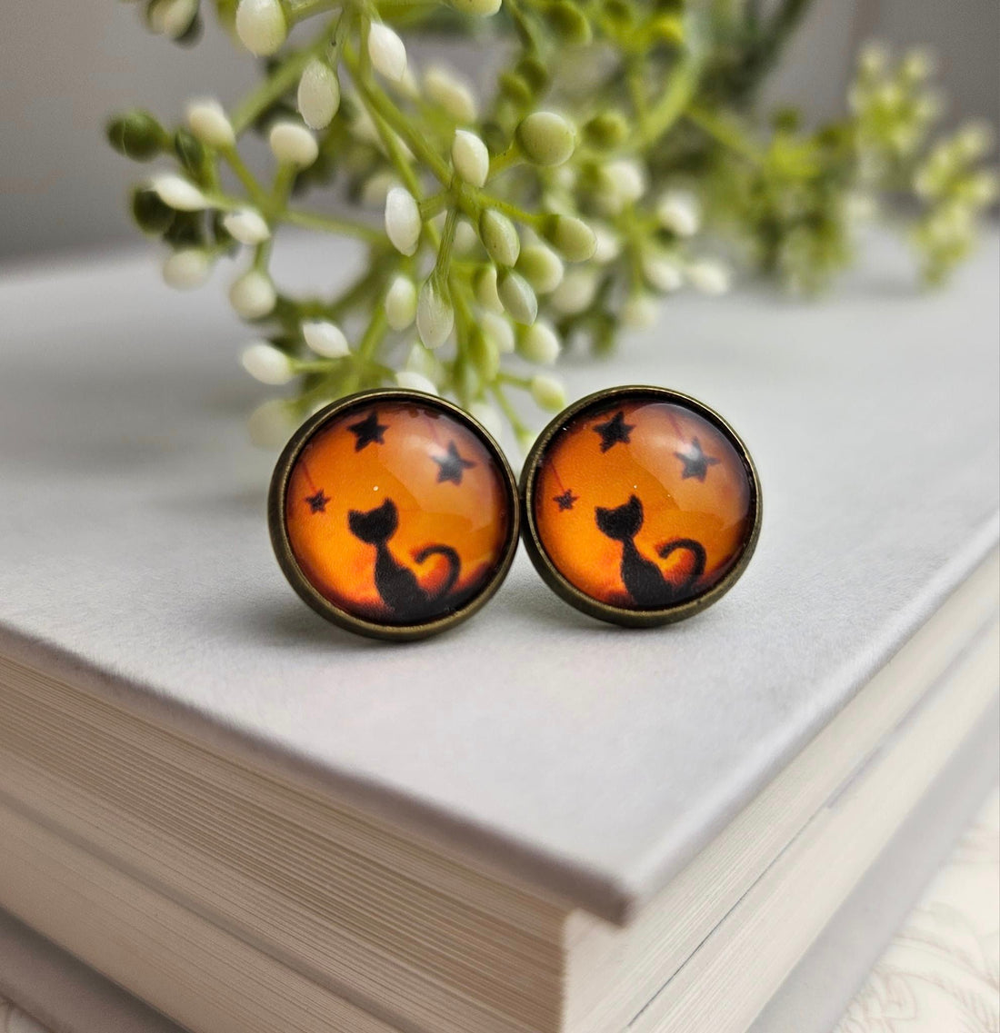 Black Cat Halloween Glass Bronze Stud Earrings