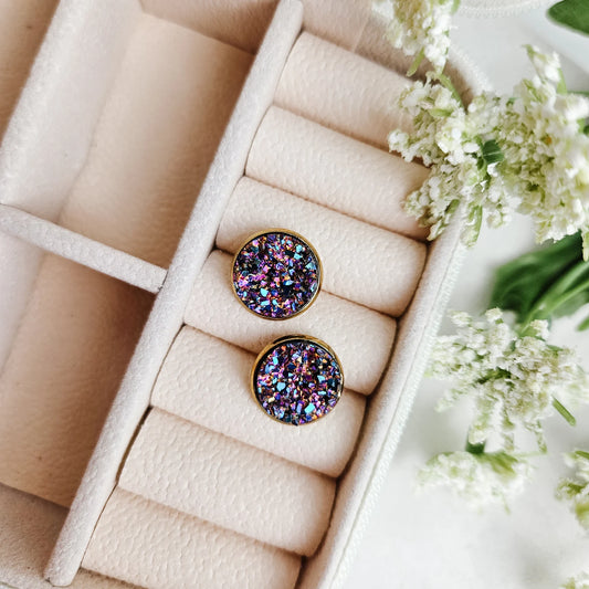 Rainbow Glitter Druzy Geode Stud Earrings