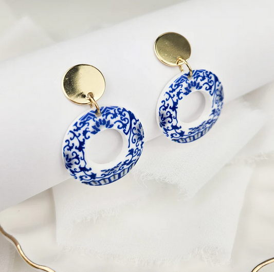 French Country Blue & White Dangle Drop Statement Earrings