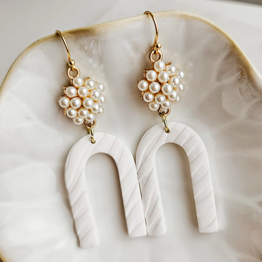 White Polymer Clay with Gold Pearl Arched Earrings