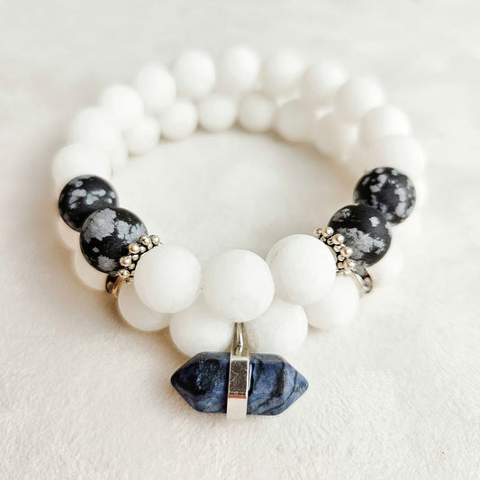 Obsidian & Quartz Beaded Jewelry Stacking Stretch Bracelet Set