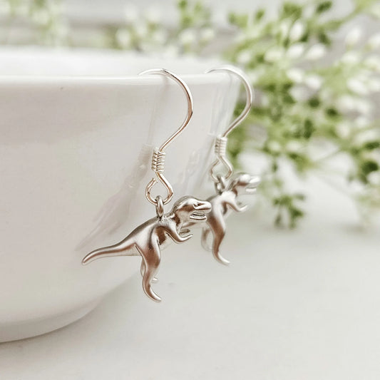 Sterling Silver Dinosaur Miniature Dangle Drop Earrings