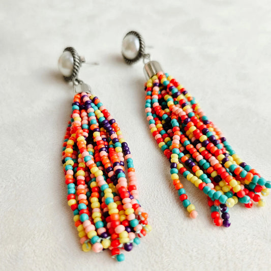 Long Colourful Beaded Tassel Stud Dangle Drop Red Yellow Orange Earrings