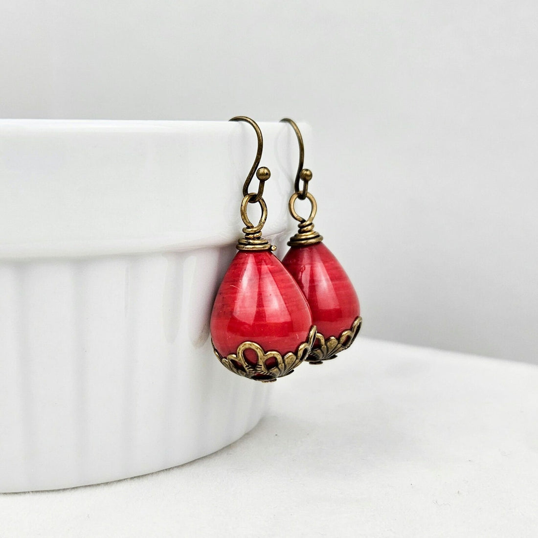 Ruby Red Dangle Dangle Drop Vintage Inspired Brass Earrings