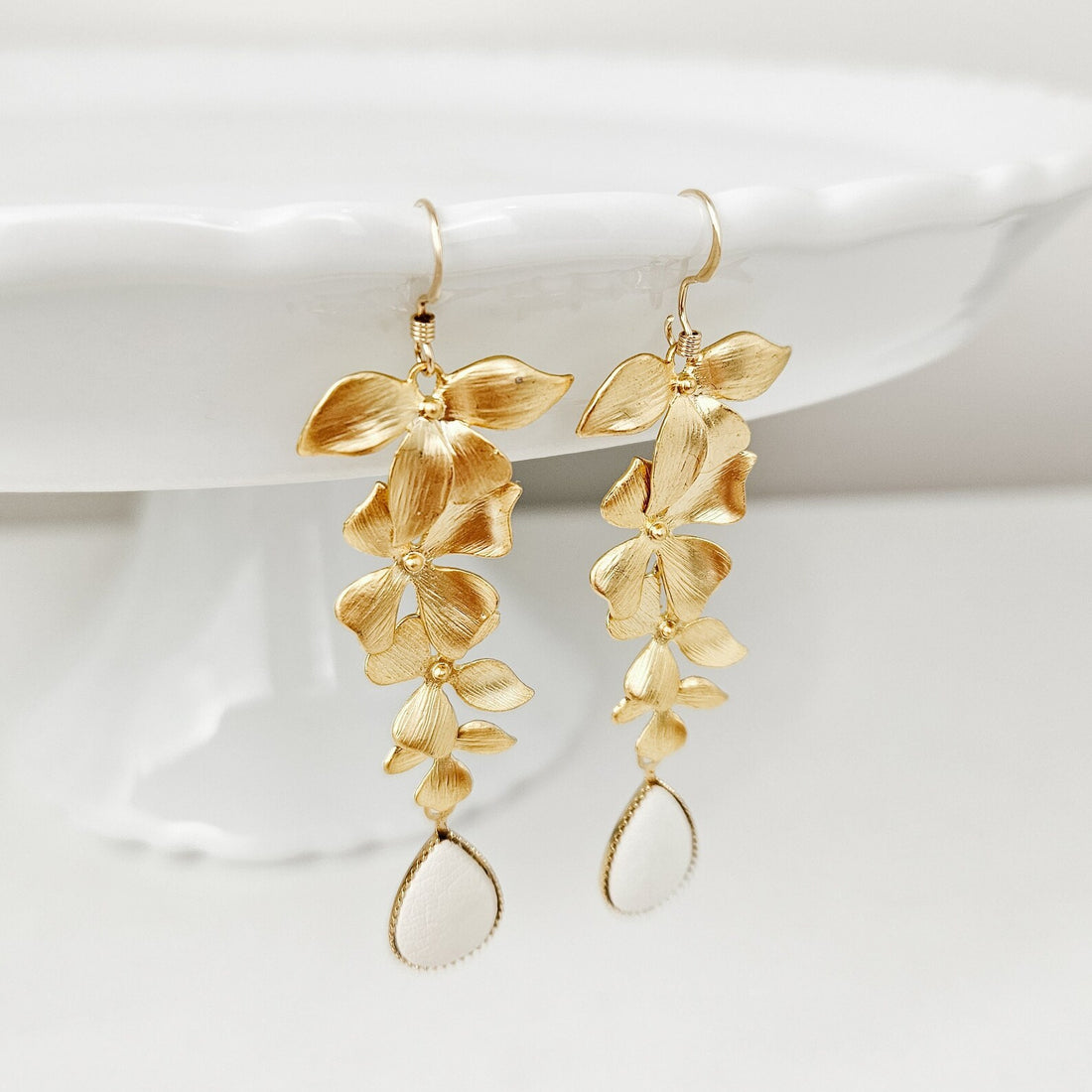 Long Cascading Gold Orchid Floral Earrings