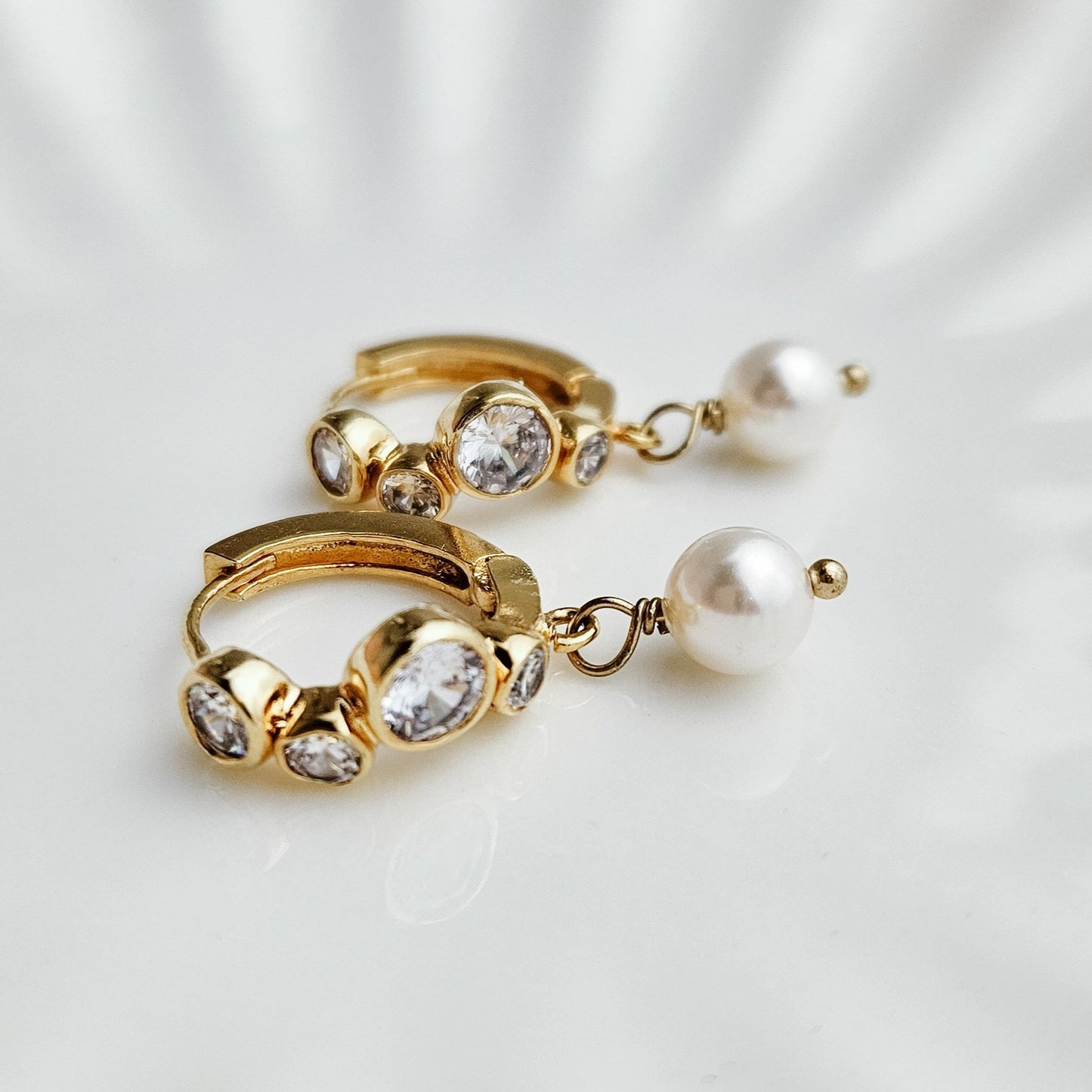 Gold Huggie Hoop Earrings with Pearl Drop