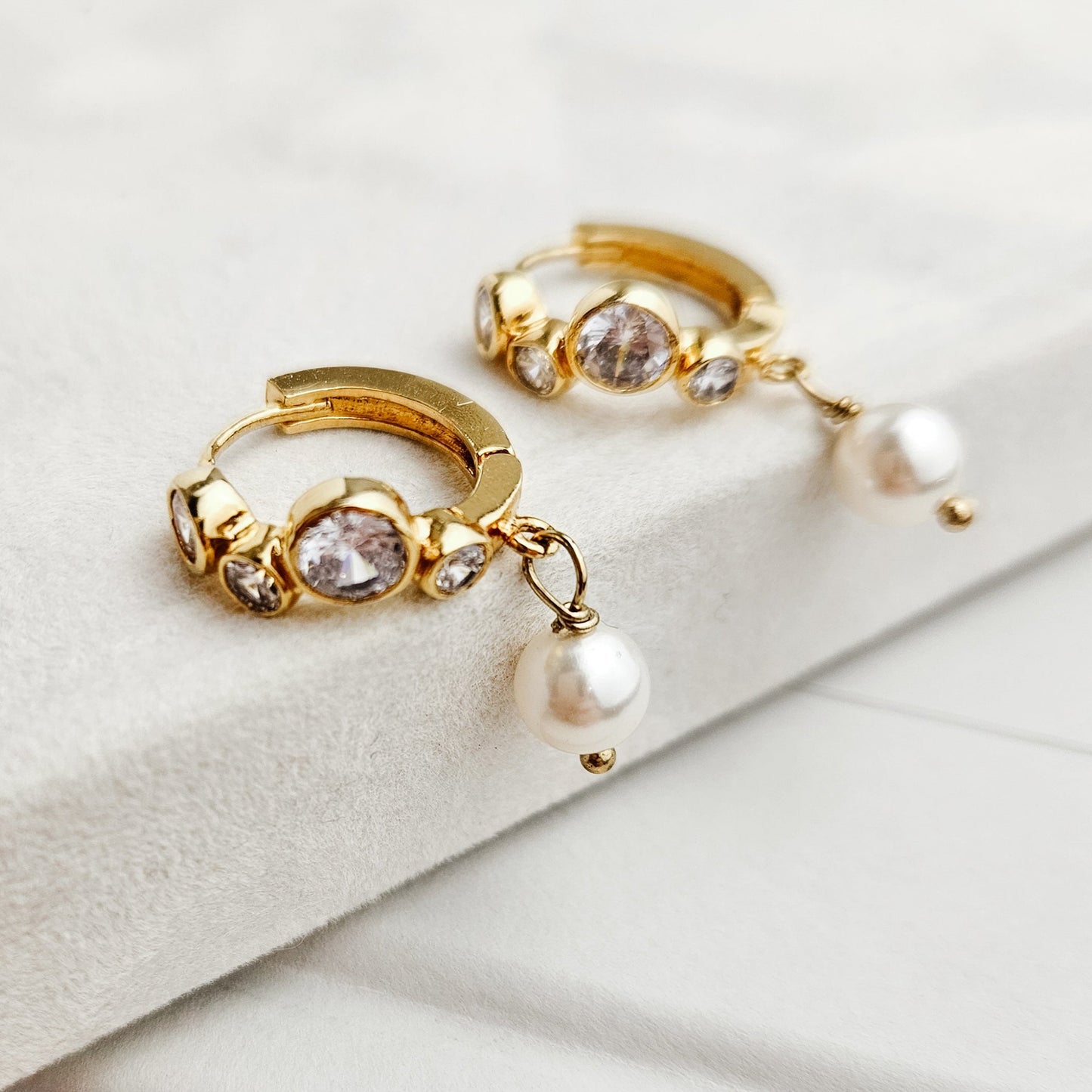 Gold Huggie Hoop Earrings with Pearl Drop