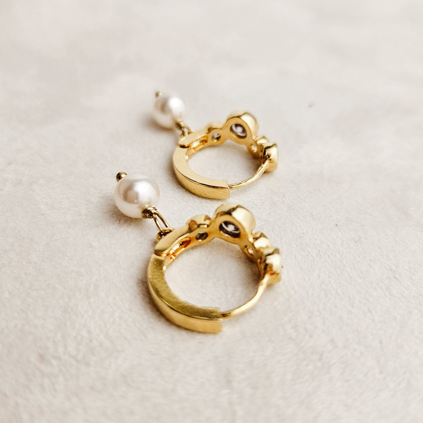 Gold Huggie Hoop Earrings with Pearl Drop