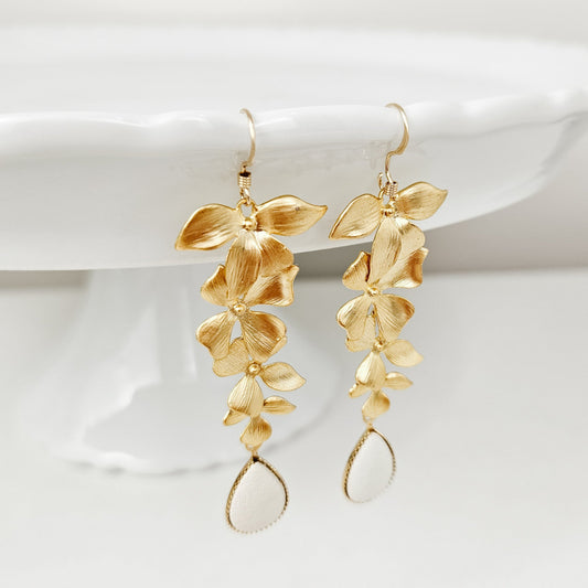 Long Gold Floral Orchid Earrings