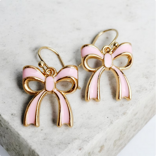 Gold & Pink Bow Charm Earrings