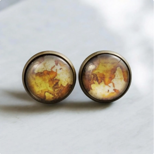 Antique Bronze Atlas Map Stud Earrings