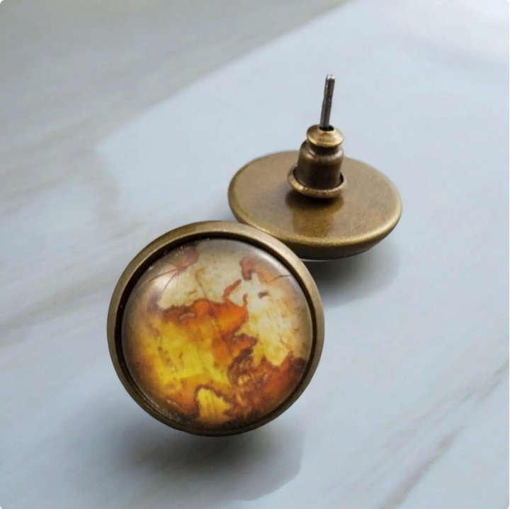 Antique Bronze Atlas Map Stud Earrings