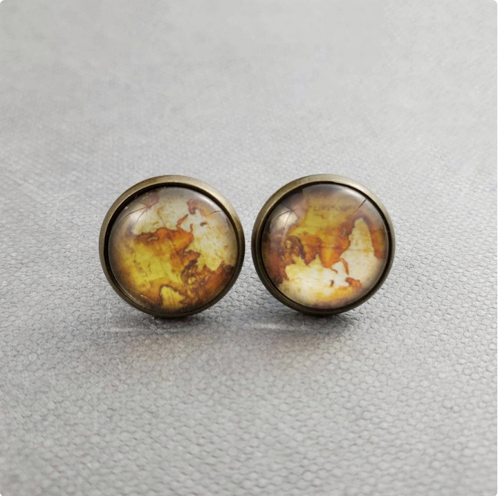 Antique Bronze Atlas Map Stud Earrings