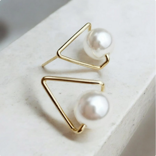 Gold Triangle Stud Earrings with Pearl