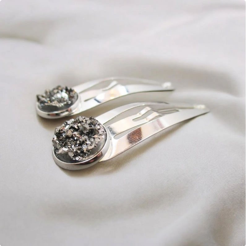 Silver Druzy Hair Barrettes