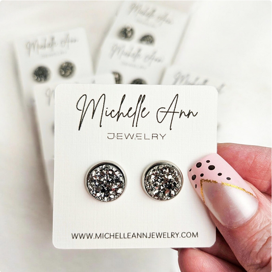 Silver Crushed Druzy Stud Earrings