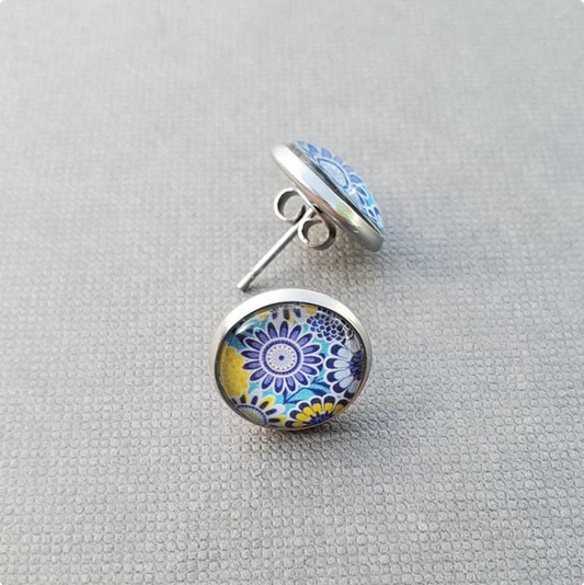 Blue Floral Glass Stud Earrings