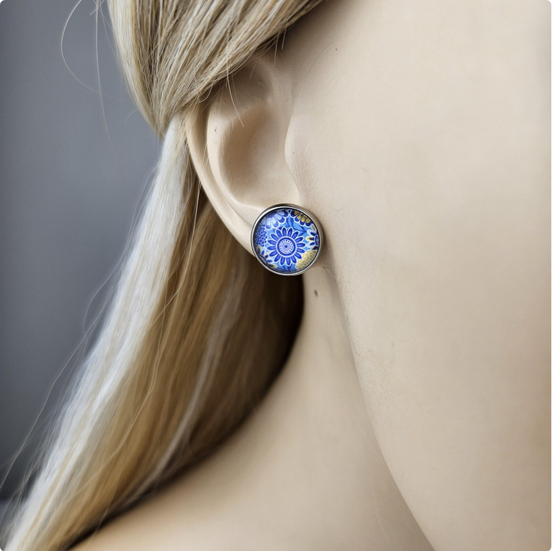 Blue Floral Glass Stud Earrings