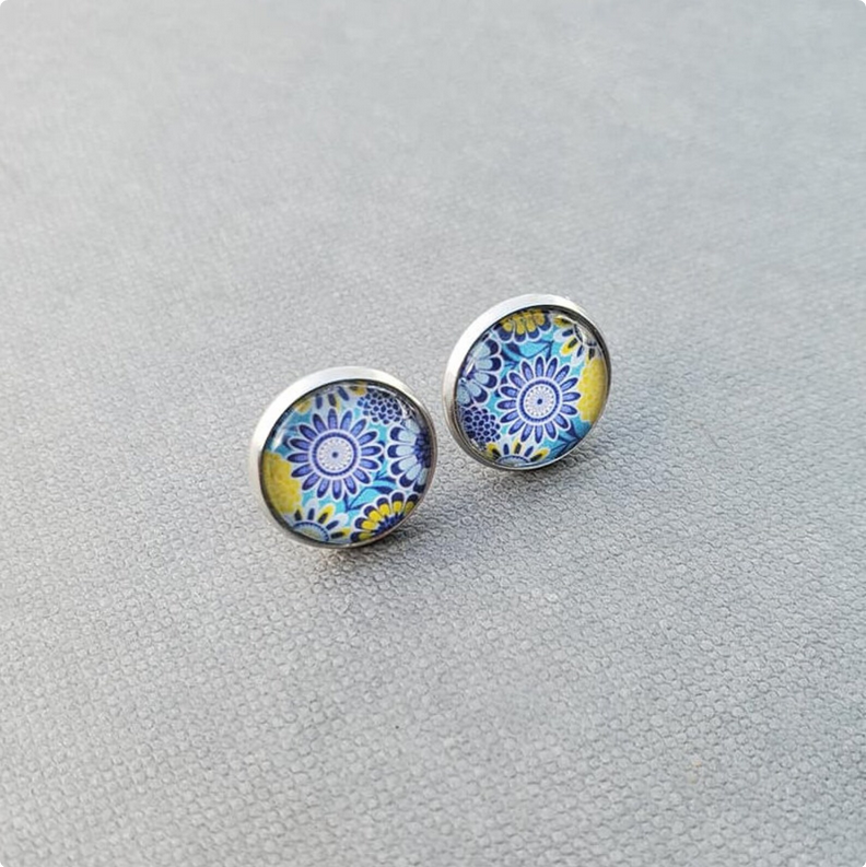 Blue Floral Glass Stud Earrings