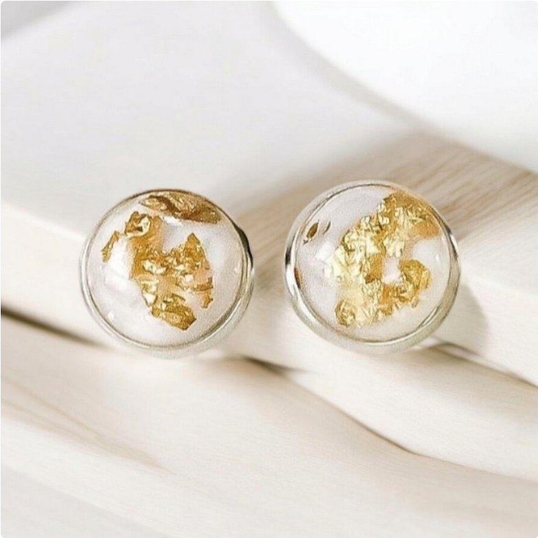 White and Gold Flake Resin Stud Earrings