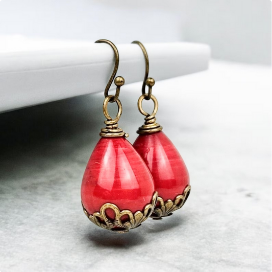 Vintage Red Dangle Earrings Lucite Bohemian Statement Jewelry Handmade Valentine Gift Retro Accessory Brass Filigree Teardrop Boho Chic Autumn Holiday Jewelry Affordable Vintage Look Mature Womens Jewelry