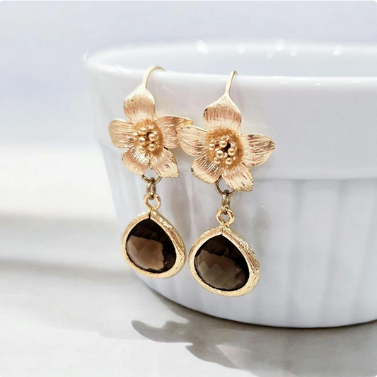 Smoky Quartz Gold Flower Earrings