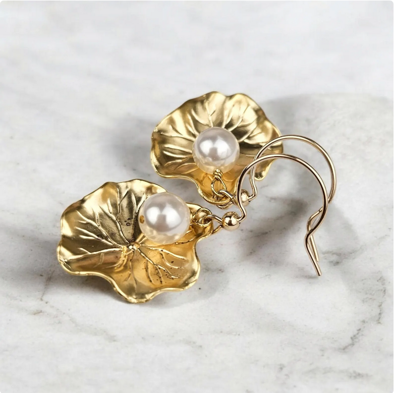 Gold Dangle Lotus Leaf Earrings