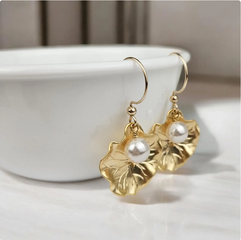 Gold Dangle Lotus Leaf Earrings