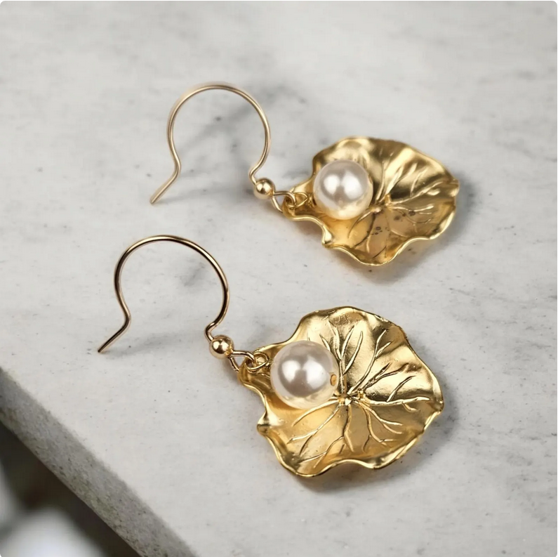 Gold Dangle Lotus Leaf Earrings