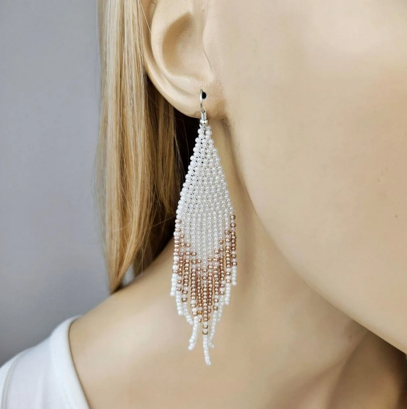 White & Gold Beaded Fringe Tassel Earrings