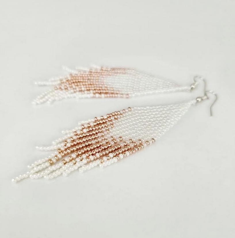 White & Gold Beaded Fringe Tassel Earrings