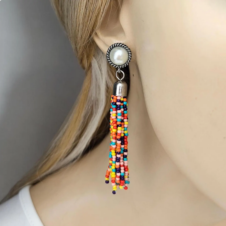 Long Colourful Beaded Tassel Earrings