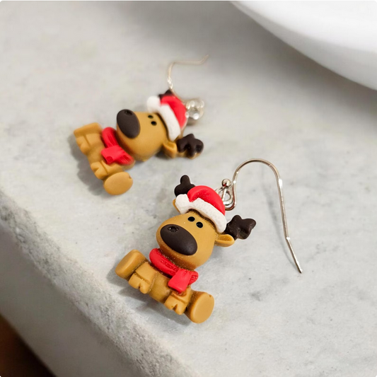 Festive Moose Clay Dangle Drop Earrings