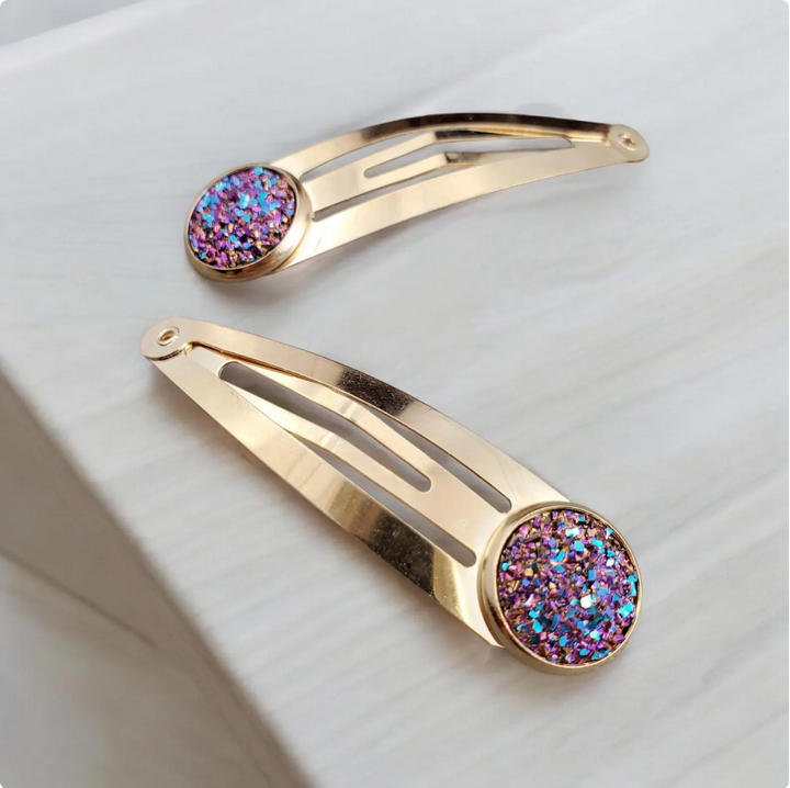 Rainbow Crushed Druzy Gold Hair Clips