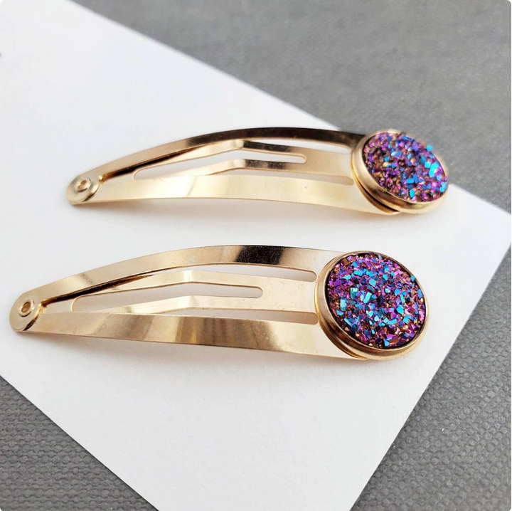 Rainbow Crushed Druzy Gold Hair Clips