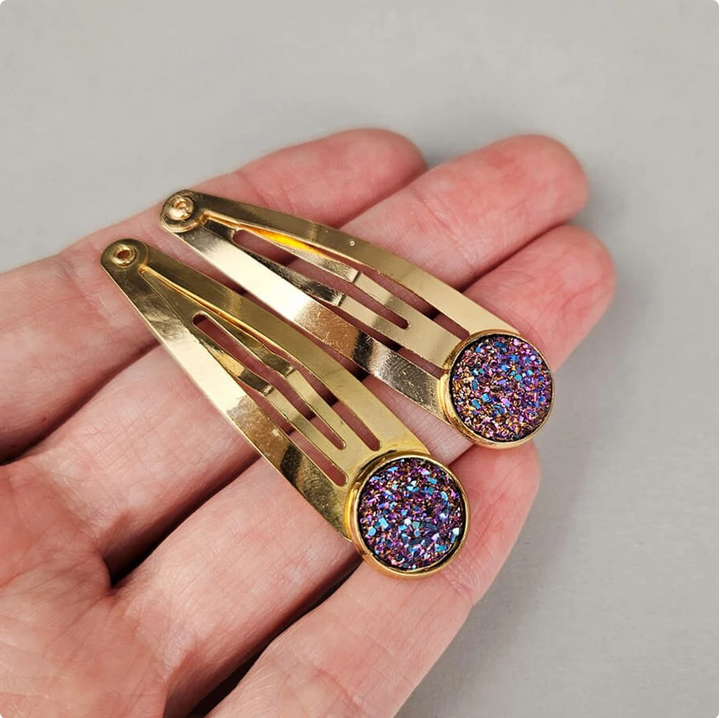 Rainbow Crushed Druzy Gold Hair Clips