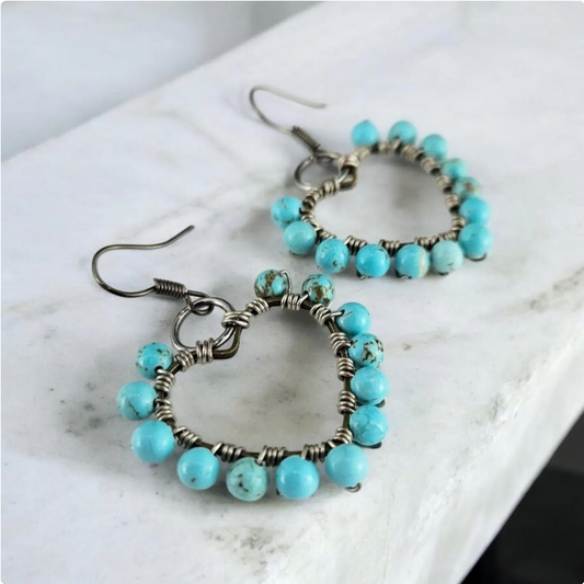 Turquoise Heart Hoop Beaded Earrings