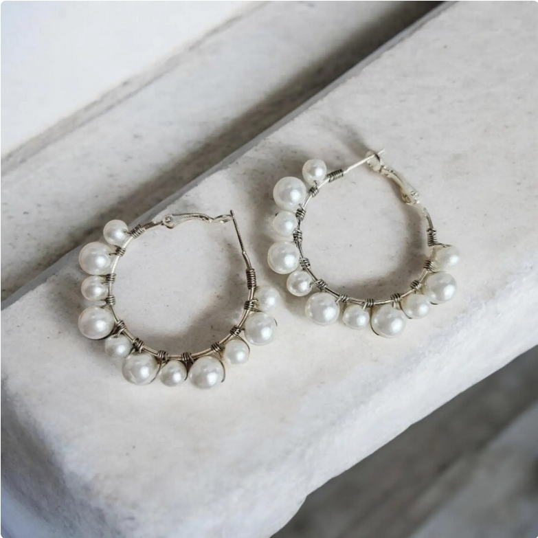 White Beaded Pearl Hoop Earrings