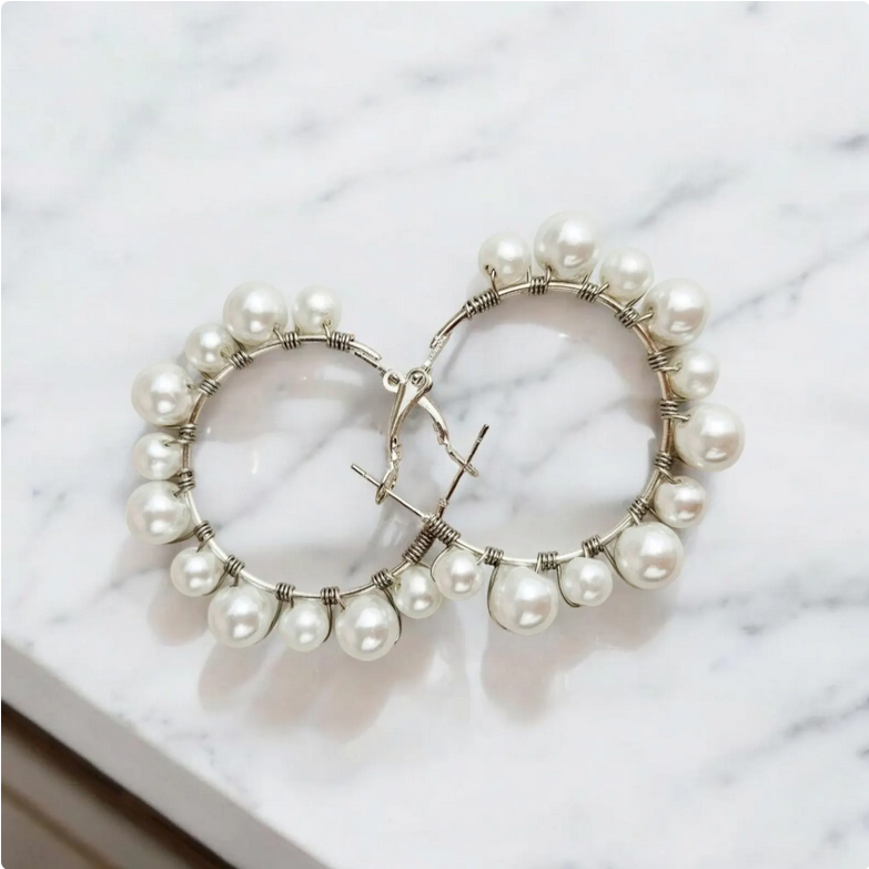 White Beaded Pearl Hoop Earrings