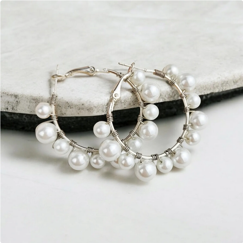 White Beaded Pearl Hoop Earrings