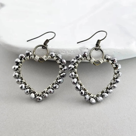 Beaded Silver Heart Hoop Earrings