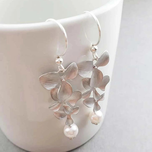 Pearl Drop Silver Floral Earrings