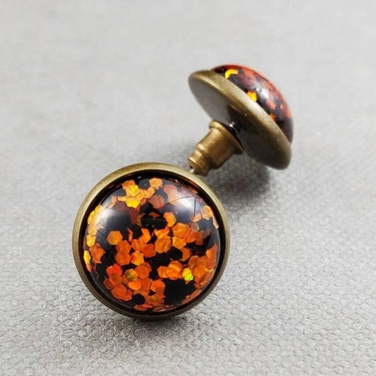 Orange Glitter Bronze Stud Earrings