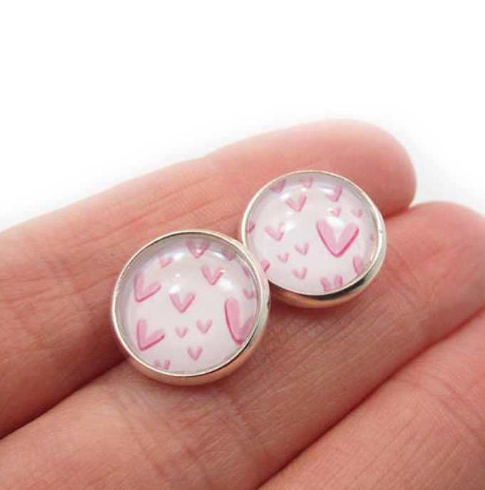 Pink Heart Stud Earrings, Glass Dome Posts, Valentines Day Gift for Her