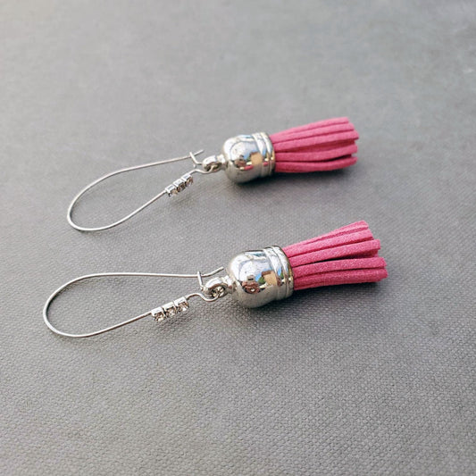 Pink Tassle Fringe Earrings, Bohemian Boho Jewelry, Gift for Her