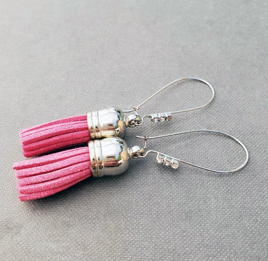 Pink Tassle Fringe Earrings, Bohemian Boho Jewelry, Gift for Her