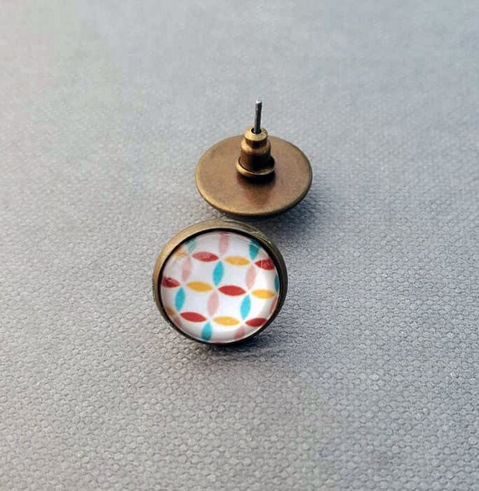 Geometric Print Bronze Stud Earrings